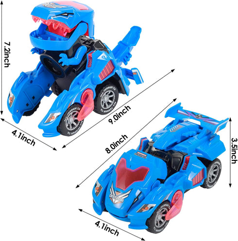 Transforming Dinosaur LED Car Toy, 2 in 1 Automatic Dino Transformer, Kids Ages 3-12, Blue, with Lamps