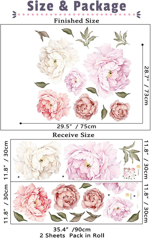 Watercolor Peony Flowers Wall Decals, Floral Wall Stickers for Living Room, White & Pink Flowers Art