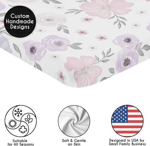 Sweet Jojo Designs Baby Girl Fitted Mini Crib Sheet - Lavender Purple, Pink, Grey, White Watercolor Floral Collection