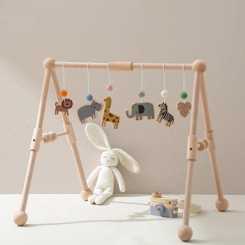 Wooden Baby Gym with 6 Gym Toys, Detachable Wooden Play Gym Frame