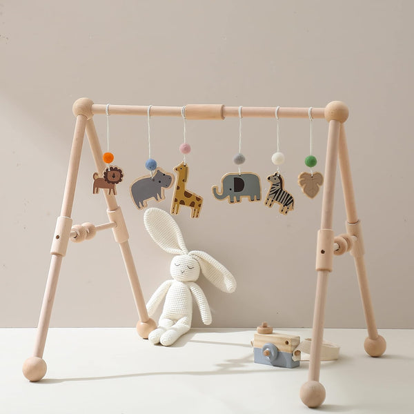 Wooden Baby Gym with 6 Gym Toys, Detachable Wooden Play Gym Frame