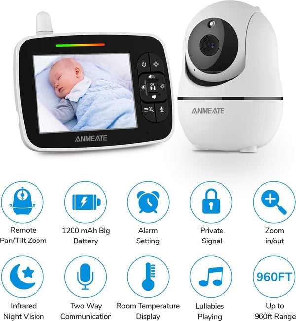 ANMEATE 960ft RangeBlack1 Baby Monitor with Remote Pan-Tilt-Zoom Camera,Large Display Video Baby Monitor with Camera