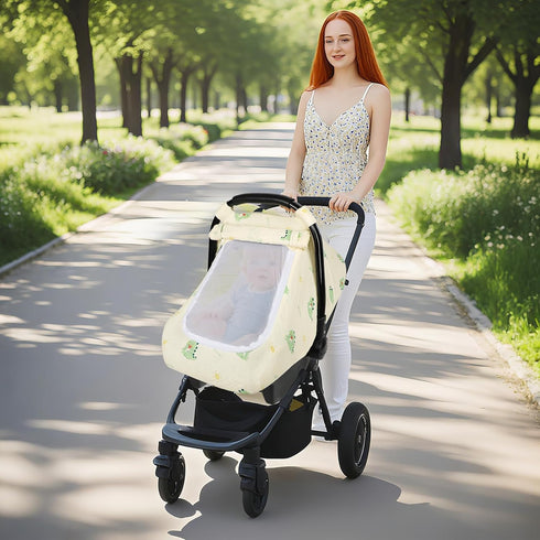 Summer Muslin Baby Car Seat Cover for Boys Girls, Infant Carseat Canopy with Breathable Mesh Peep Window, Lightweight