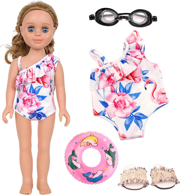 Doll Swimsuit Set for 18-Inch Doll, 7 Pcs Swimming Accessories, Bathing Suit, Goggles, Flip-Flops, Swim Ring