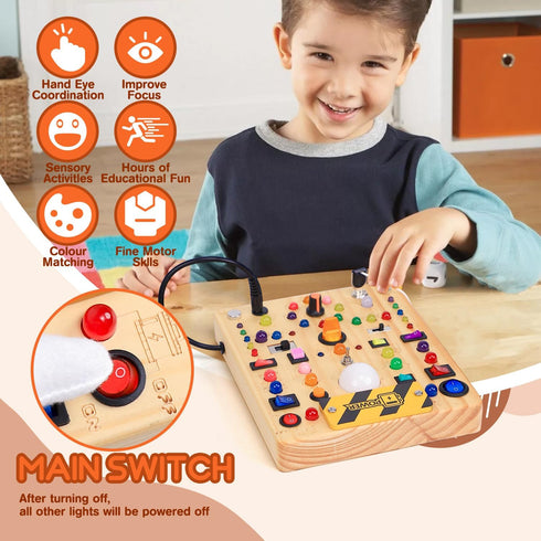 19 1 2 3 1 2 3 Busy Board with LED Light Switches, Montessori Toys for Years Old, Wooden Sensory Board, Toddlers