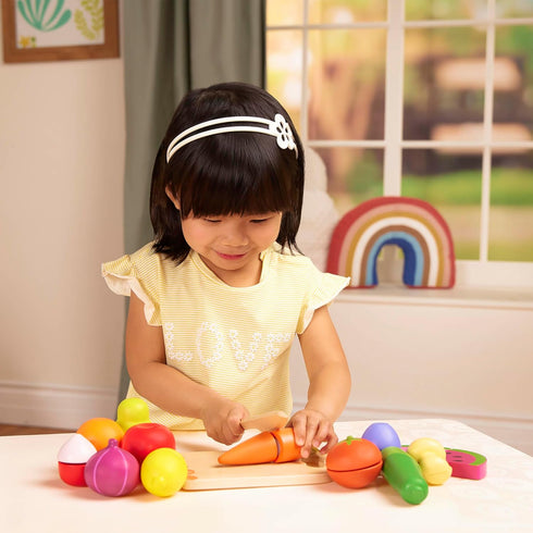 B. toys- Chop 'n' Play - Wooden Fruits & Veggies- Pretend Play Playset- Sliceable Play Food for Toddlers, Kids – Play Knife & Cutting Board – 2 Years +