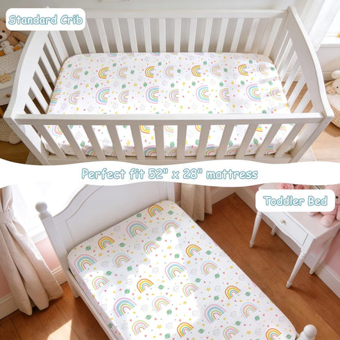 52x28 Inch JISEN Baby Crib Sheets Soft Breathable Rainbow Fitted Crib Sheets for Standard Crib and Toddler Mattress