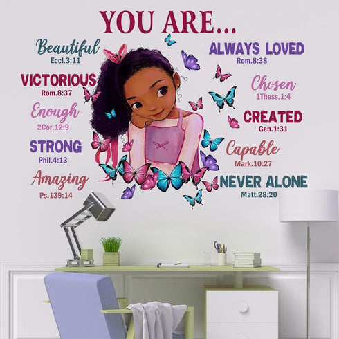 Yovkky Black Girl Religious Butterfly Wall Decal Sticker, Positive Saying You are Beautiful Nursery Decor,