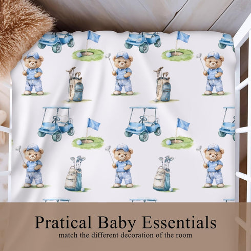 Wicbfdfv 52x28x9 Cute Bear Golf Cart Blue Baby Crib Sheet for Boys Girls in Bears Sport Golfing Flag Club Fitted Crib
