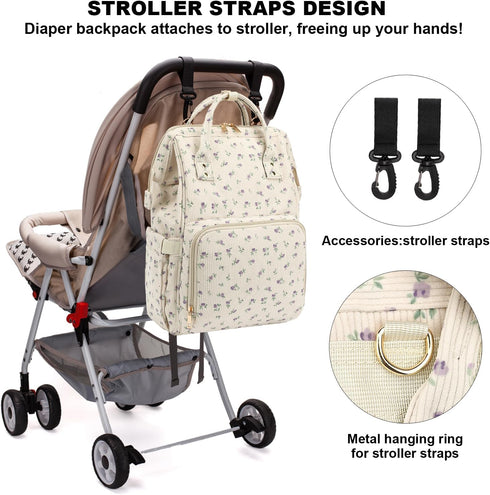 Yusudan Backpack Corduroy Diaper Bag for Baby Girls Boys, Women Large Nappy Bags for Mom (Beige Corduroy Floral Purple)