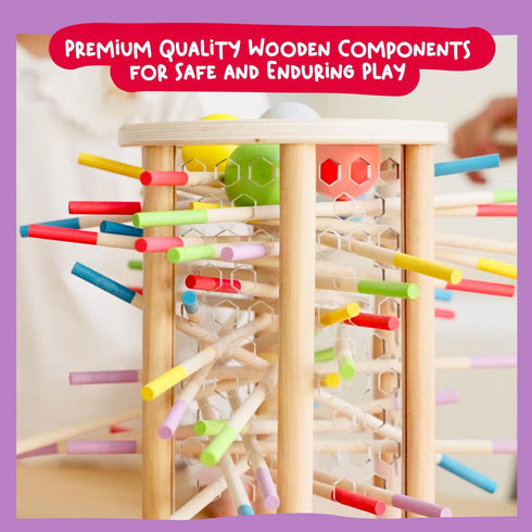 Nene Toys BALLFALL 4-in-1 Montessori Game with Colorful Sticks, Dice & Cards for Kids 3+ Years - Educational Wooden