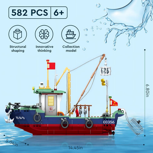 Fishing Boat Building Blocks Sets, 582 PCS City Marine Theme Model Kit for Ocean Exploration and Sea Fishing Lovers