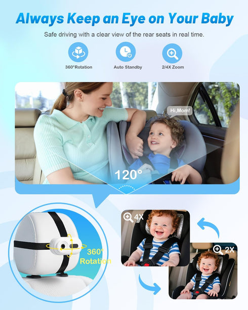 TinyShield 1080P 4X 360 Wireless Baby Car Camera for Newborn Essentials with Auto Night Vision, HD Car Baby Monitor