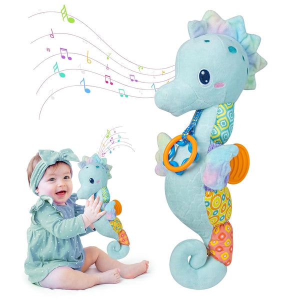 Baby Toys 0-6 Months, Infant Musical Seahorse Stuffed Animals Sensory Toys with Bright Colors, Soft Tummy Time Toy for