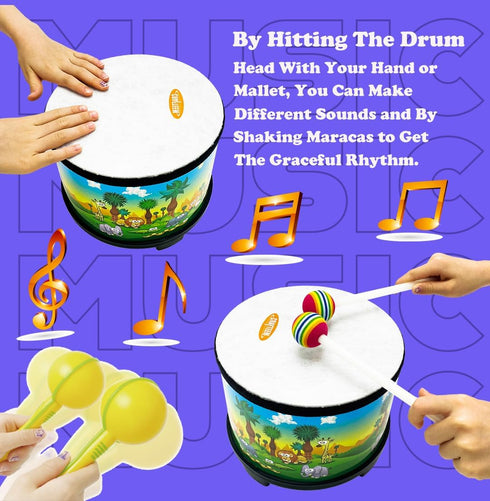 8-inch 2 Crafteem Floor Tom Drum for Kids Percussion Instrument Music Drum with Mallets and Color Maracas for Baby