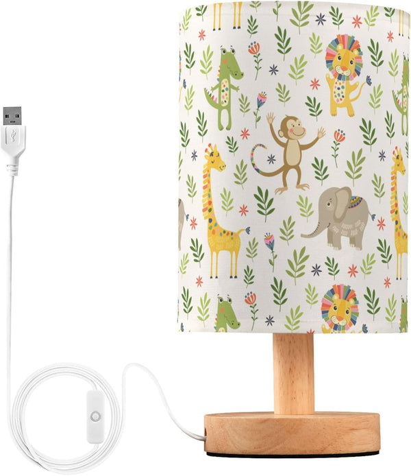 YYZZH Jungle Animal Pattern Table Lamp with Wood Base and Fabric Shade for