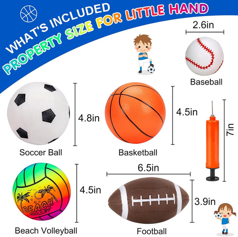 5 Pack Sports Balls Set for Kids with Bag, Includes Football, Soccer, Basketball, Baseball, Volleyball Toys