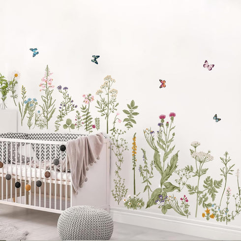 BWCXXZH Wildflower Grass Wall Decals Butterflies Stickers Dragonflies Floral Wall Murals Peel and Stick Wall Art Decor
