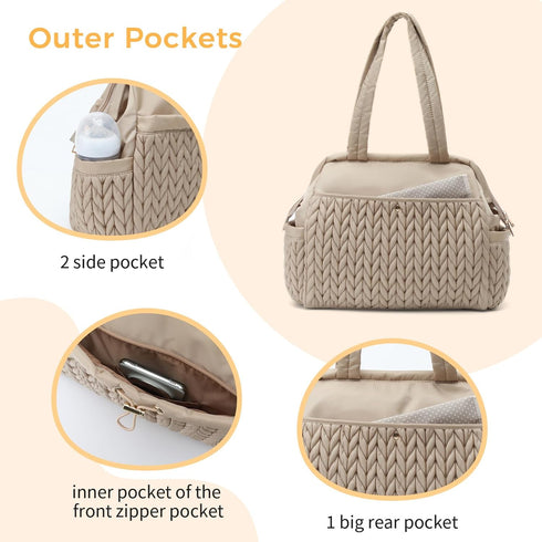 LUKJOJO Asha Diaper Bag Tote For Daily Use, Travel Shoulder Diaper Bag With Long Strap (Beige)