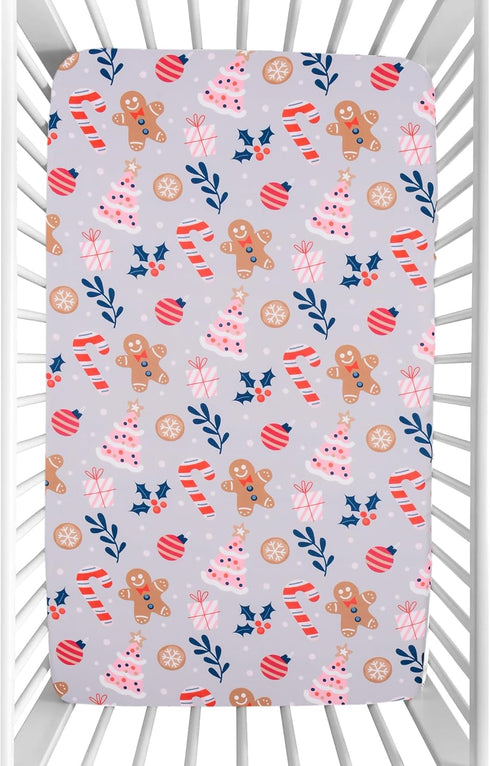 52'' 28'' Christmas Crib Sheet, Fitted Crib Sheet with Christmas Tree, Cane, Gingerbread Man, Measuring x to fit