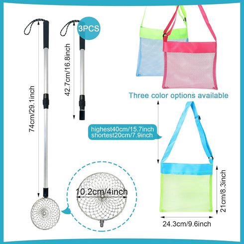 Hlimior 6Pcs Beach Sand Sifter, Adjustable Shark Teeth Sifter Shell Shovel Rock Scooper with Shell Collecting Bag