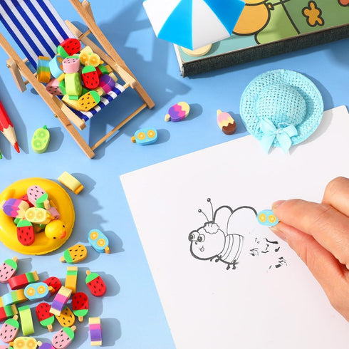 150Pcs JUNEBRUSHS Ice Cream Mini Erasers for Bulk, Cute Fruit Shaped Pencil Erasers for School Classroom Prizes
