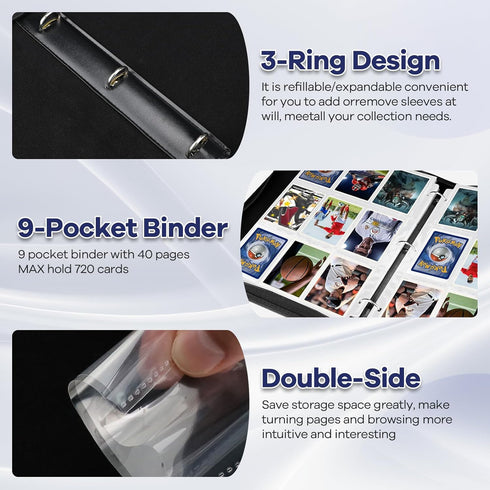 Premium 720 Double Sided Pocket Trading Card Binder, 9 Pocket, Collectible Card Albums for MTG, TCG, Sports Cards