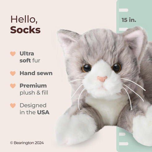 Bearington Collection Plush Cat, 15-in, Realistic Stuffed Toy, Grey