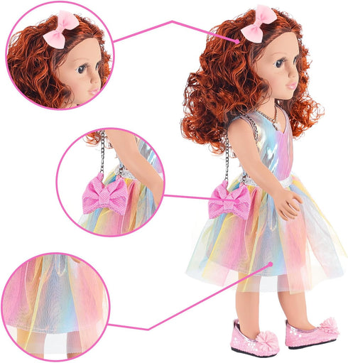 ZITA ELEMENT 18 Inch American Doll with Clothes and Accessories, Rainbow Dress, Bow, Bag, Shoes, Hairpin, Necklace