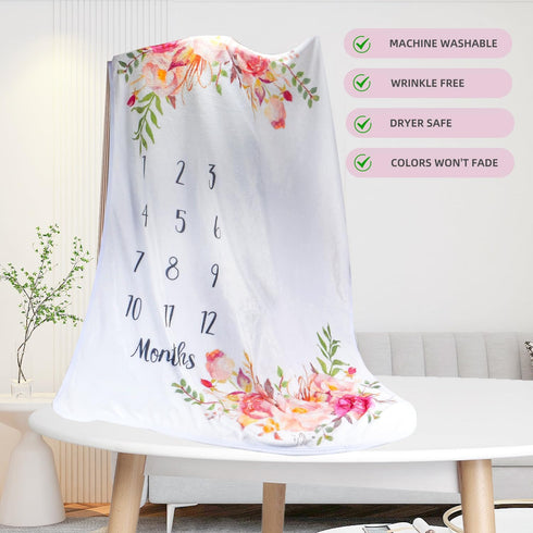 Baby Monthly Milestone Blanket, Soft Floral Memory Blanket, Newborn Growth Chart, 51x40In