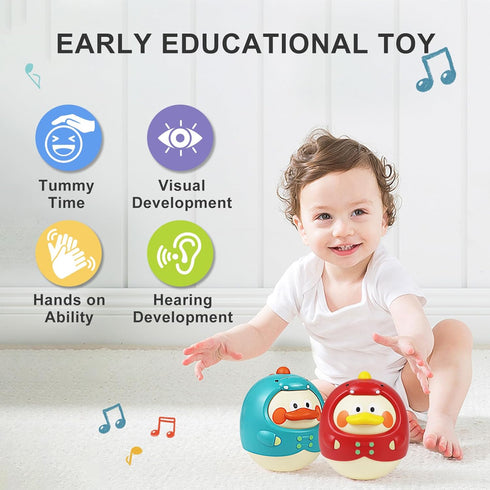 Tinabless Tummy Time Toys - Dinosaur-Duck Roly Poly Baby Toy, Musical Wobbler for Newborns 3-12 Month Gift
