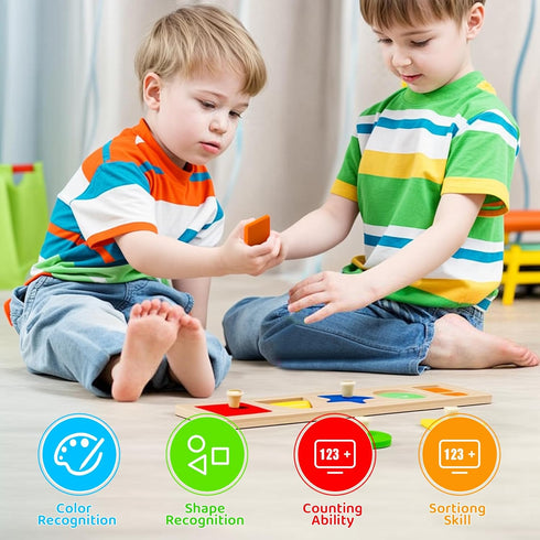 First Jumbo Knob Wooden Shape Puzzles for Toddlers 1-3, Montessori Peg Shapes Puzzle Sorter Board