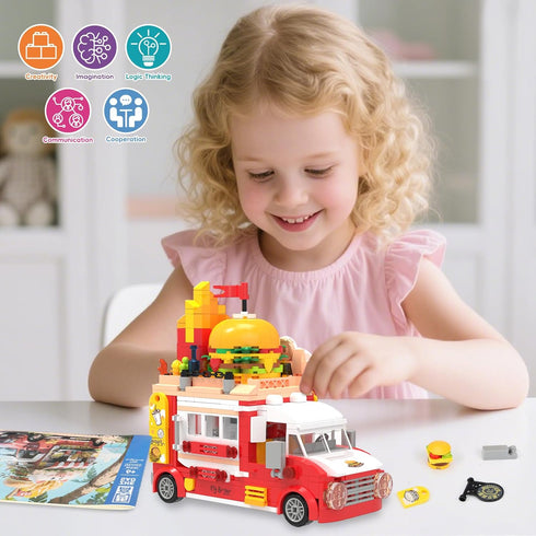 ecpoteny Set, 566PCS Playset 6+ Piggy Burger Truck Mini Building Creative Fast Food Truck City Car Toy, Imaginative