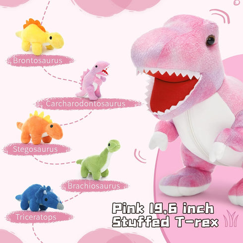 19.6 inch 5 Set Muiteiur Pink Dinosaur Stuffed Animals, Soft Dinosaur Stuffed with Cute Babies T-Rex Zippered Belly