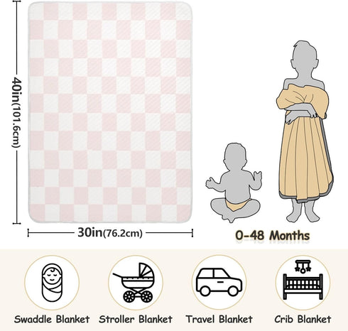 KICPOAY Pink White Checkered Baby Swaddle Blanket for Boys and Girls, Muslin Baby Receiving Swaddle Blanket, Soft