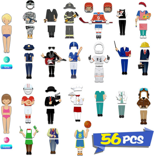 56 PCS Magnetic Dress-up Pretend Play Doll Set with 21 Occupations Jobs, Perfect for Preschool Learning
