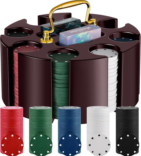 Wettarn Poker Chips Set - 200 Count Rotating Poker Chip Case with 200 Chips & 2 Decks of Playing Cards for Casino