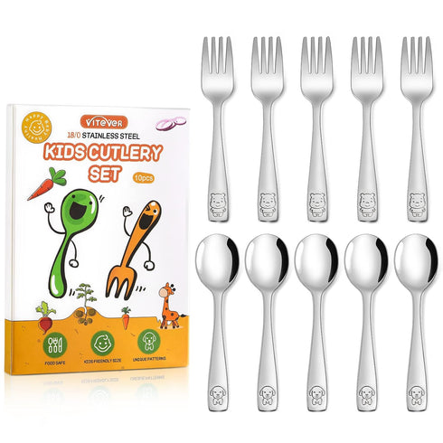 VITEVER 10-Piece Toddler Utensils, Kids Stainless Steel Silverware Set, Safe Forks and Spoons, Dishwasher Safe