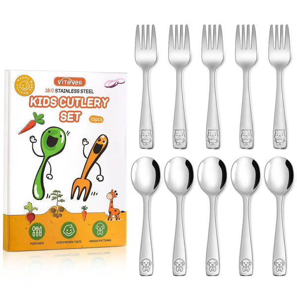 VITEVER 10-Piece Toddler Utensils, Kids Stainless Steel Silverware Set, Safe Forks and Spoons, Dishwasher Safe