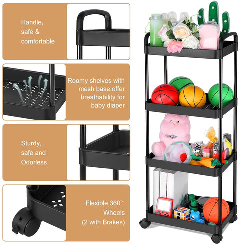 Baby Diaper Caddy Organizer, Rolling Plastic Movable Cart for Newborn Nursery Essentials, 3 Tiers, Black