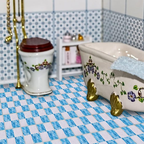 Doll House Furniture 27pcs Miniature Mosaic Floor Tile Sheet for Blue and White Tile Flooring