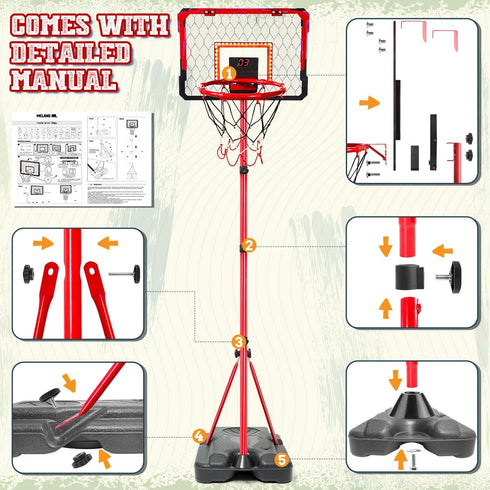 Meland Kids Basketball Hoop, Adjustable Height 3.4ft-6.2ft, Indoor Outdoor Basketball Goal Toys for Boys 3-8