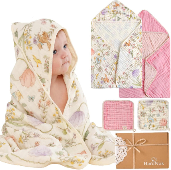 4-Piece Ultra Soft Muslin Baby Towel Set - Ideal for Bath &