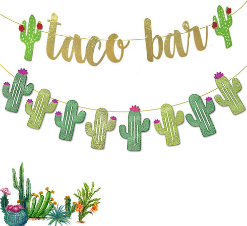 2 Set Fiesta Taco Bar Cactus Banner Garland, Gold Green Glittery Banner for Mexican Fiesta Party