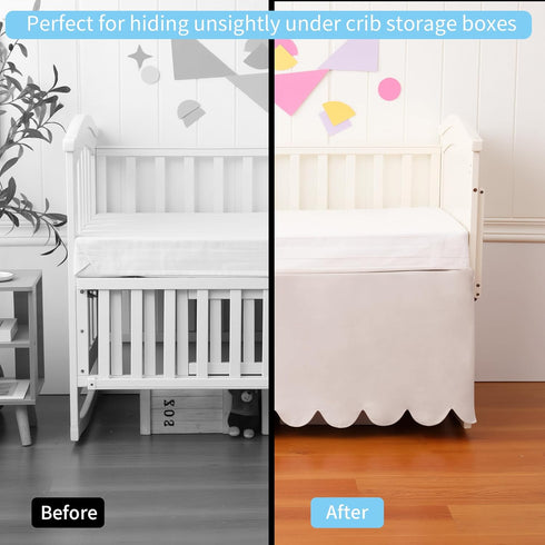 100% 28"x 52" 14" 4-Sided Cotton Scallop Edge Crib Bed Skirt, with Drop, Soft Breathable Cotton Bedding Skirt for Baby