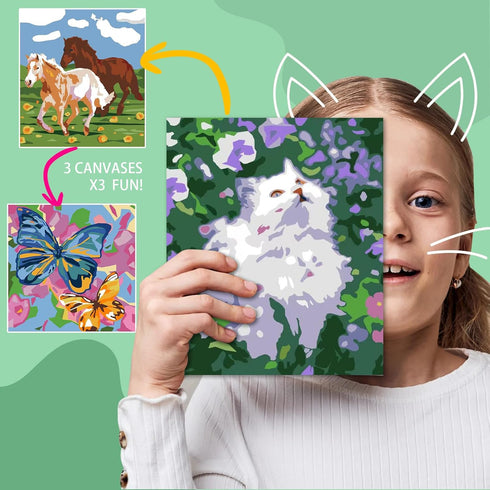 Paint-by-Numbers for Kids Ages 8-12, Acrylic Paint Set with 3 Canvas, 30 Pots, 5 Brushes, Horse Theme
