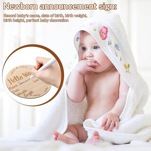 Mindow 5.9 Inch Baby Announcement Sign, Round Wooden Hello World Newborn Sign Keepsake with Ink Pad for Hand