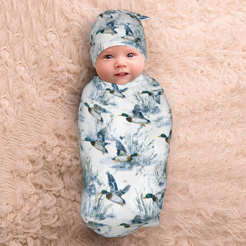 Nanyizly Set 0-6m Cute Mallard Duck Newborns Beanie Swaddle Blanket Baby Receiving Blankets for Infant Boy Girl Swaddle