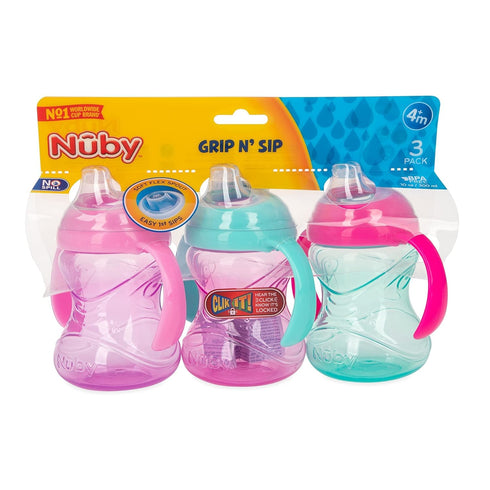 (3-Pack) 10 oz 4+ Nuby Clik-It Grip N' Sip Soft Spout No-Spill Training Sippy Cup with Handles - - Months