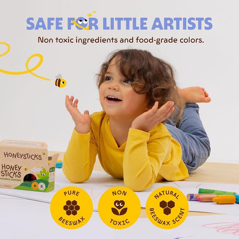 100% (12 Pack) 1-3, 1 Honeysticks Pure Beeswax Crayons - Non Toxic Crayons for Toddlers Safe for Baby from Year Old